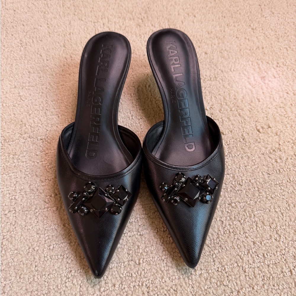Karl Lagerfeld Black Embellished Pointed Mules